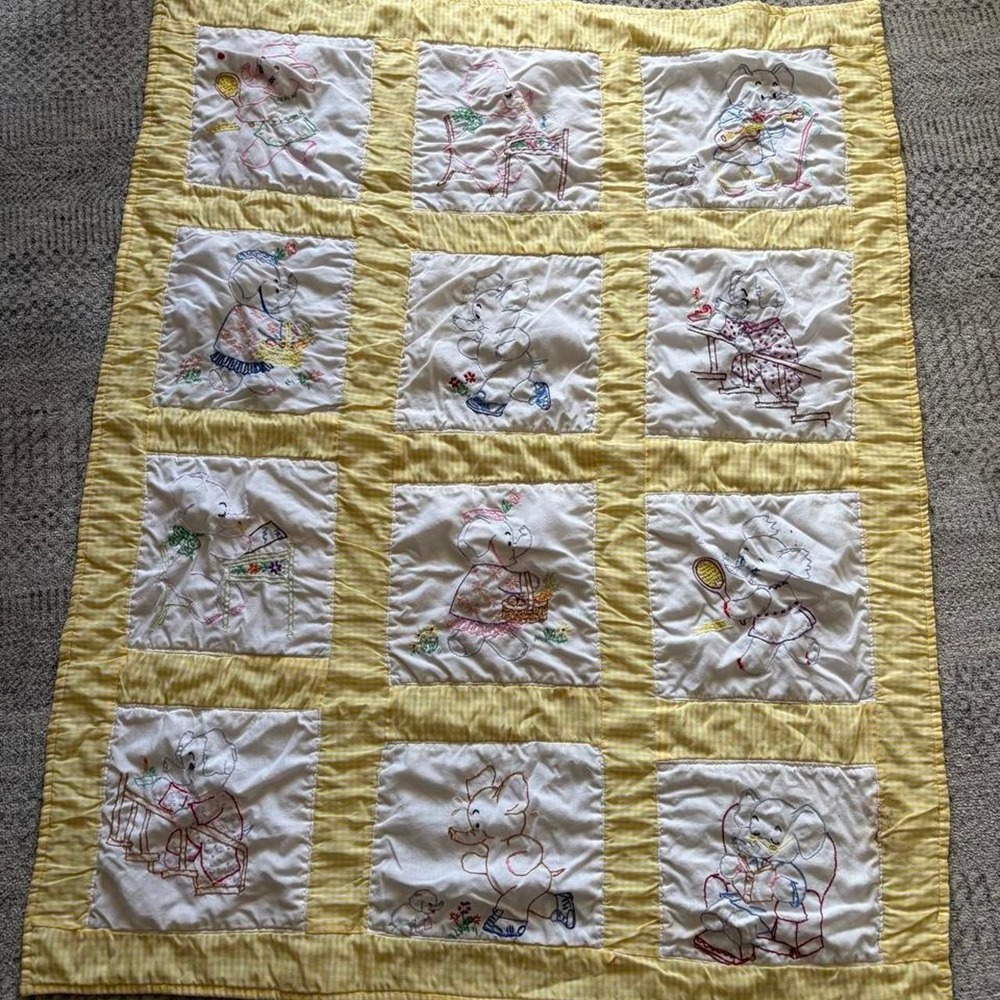 Handmade elephant baby quilt cotton lightweight vintage pointelle embroidered